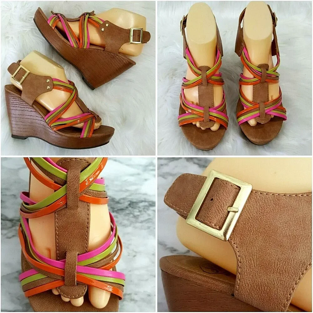SM New York Wedge Sandal Womens Size 9.5 Divine Multicolor Tan Summer
